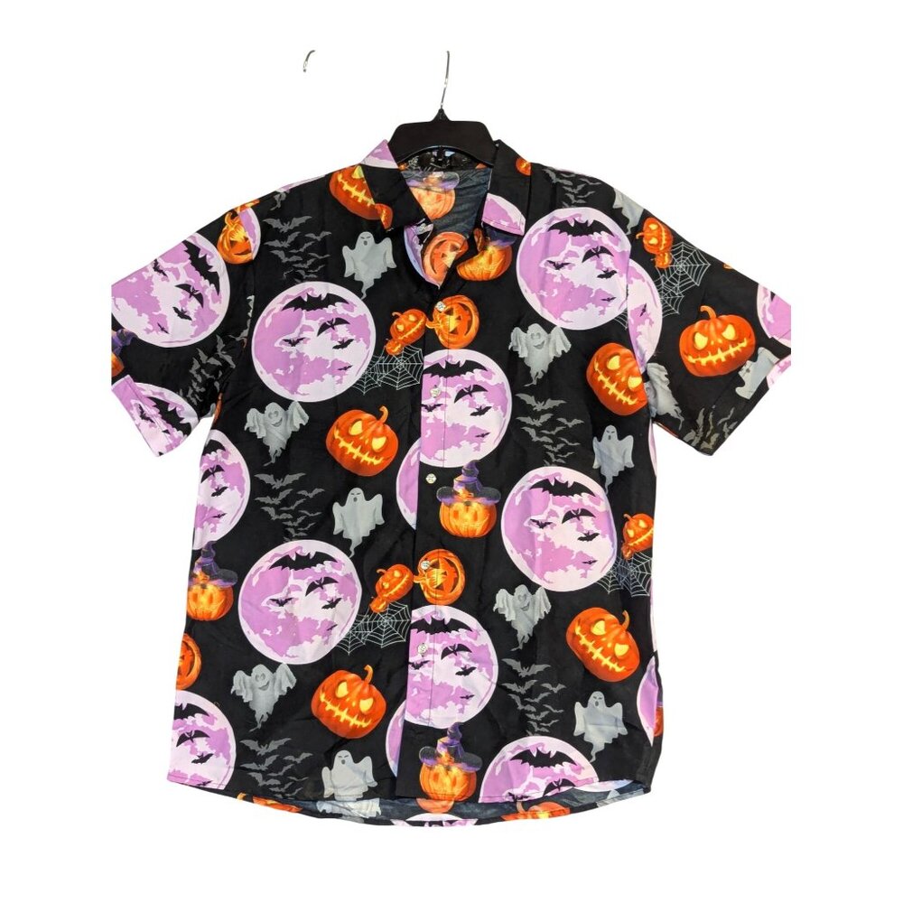 Halloween Mens Button-Up Shirt With Ghost Bats & Pumpkin Print By SSLR